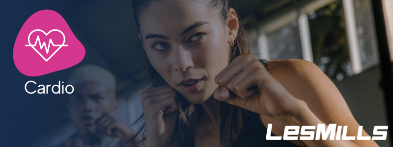 close up of woman in punching stance with an icon indicating it is a body combat cardio class