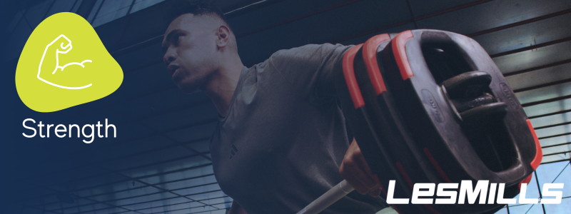 man leaning forward holding a barbell with an icon indicating it is a body pump strength class