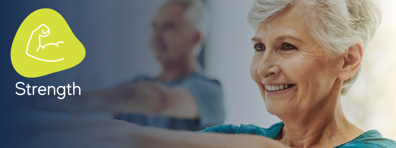 two older people with the arms outstretched in an exercise class with an icon indicating it's a feel god fitness strength class