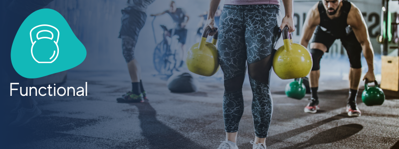 group of people exercising with kettle bells with an icon indicating it is a functional class