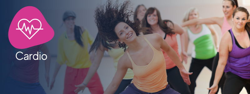 people taking part in zumba class with an icon indicating its a Zumba cardio workout