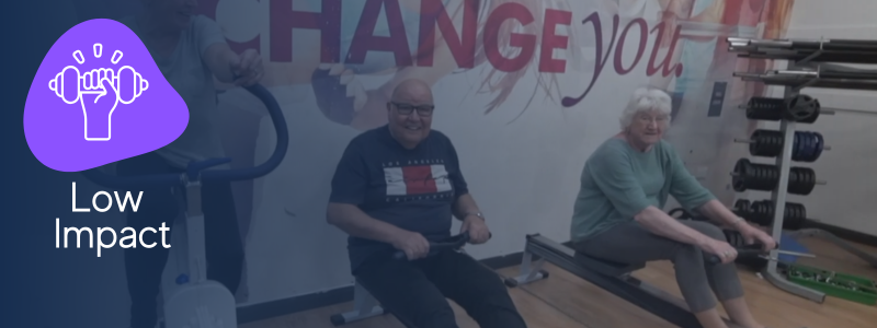2 people on rowing machines and one person on a exercise bike with an icon indicating they are in a low impact Health Circuit class