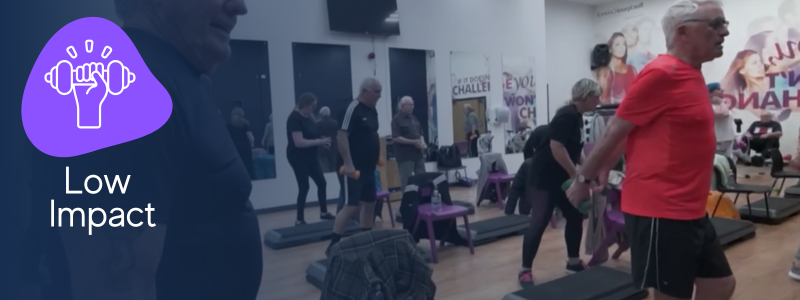 several men and women using step boxes and had weights with an icon indicating it is a low impact steps to health class