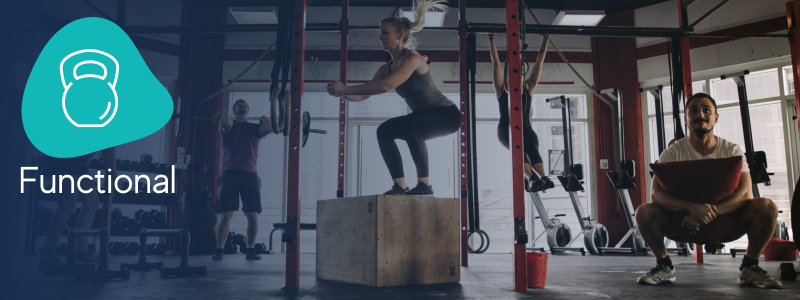 several people exercising in a gym including a man squatting with a bosu ball, and a woman performing box jumps with an icon indicating it is a functional class